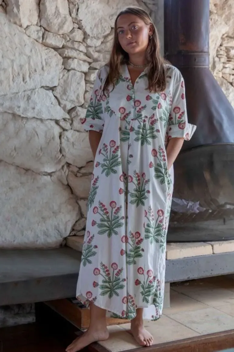 Mandalay Seaweed Flower Maxi Dress In White