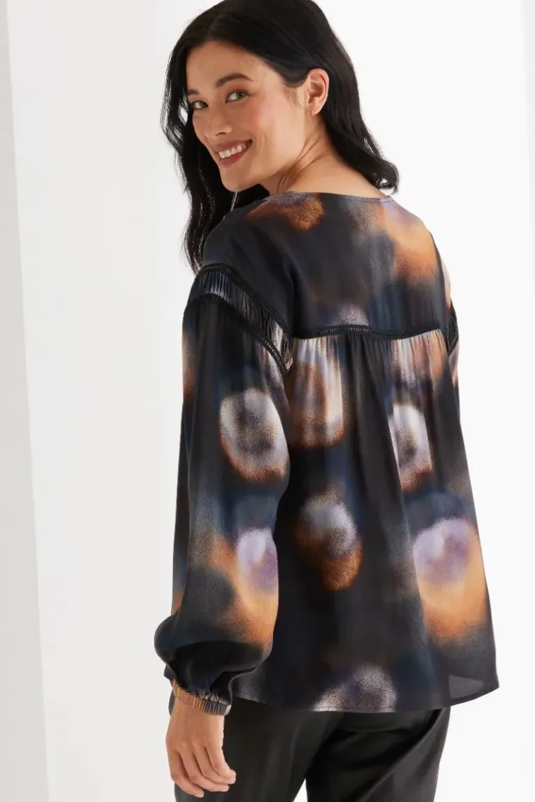 Marco Polo Long Sleeve Gathered Shirt In Print