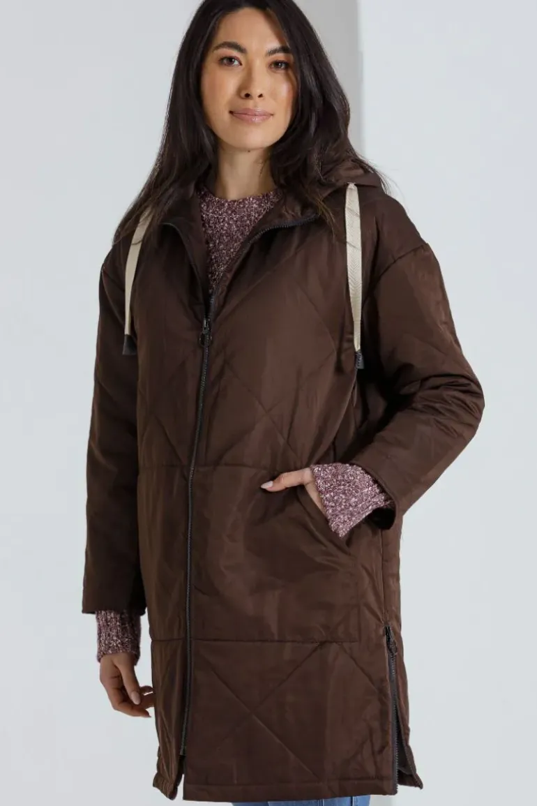 Marco Polo Long Zipper Puffa Coat In Chocolate