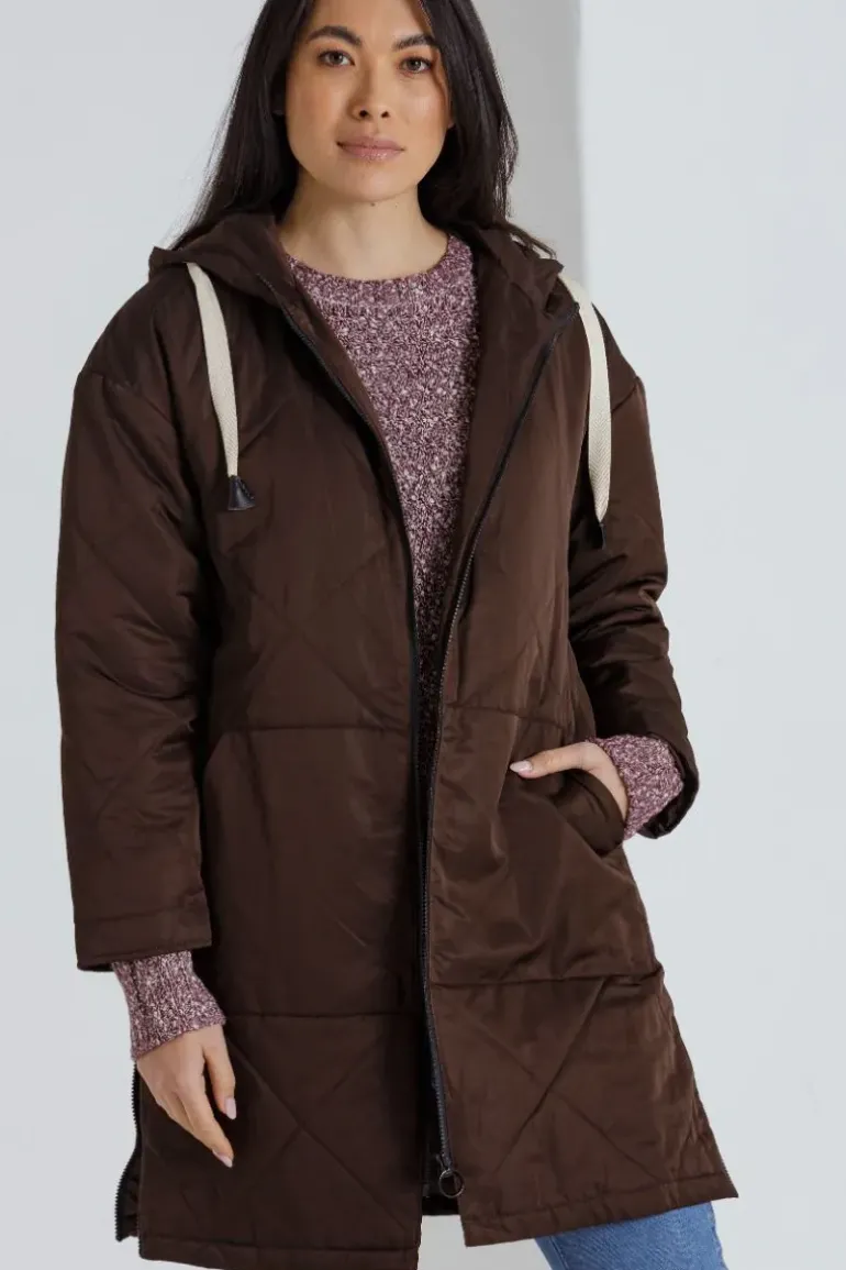 Marco Polo Long Zipper Puffa Coat In Chocolate