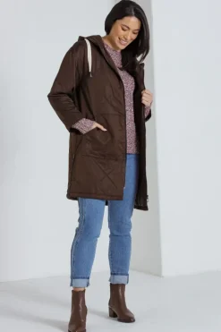 Marco Polo Long Zipper Puffa Coat In Chocolate