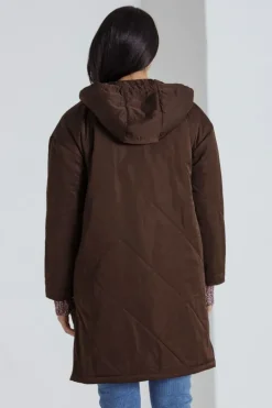 Marco Polo Long Zipper Puffa Coat In Chocolate