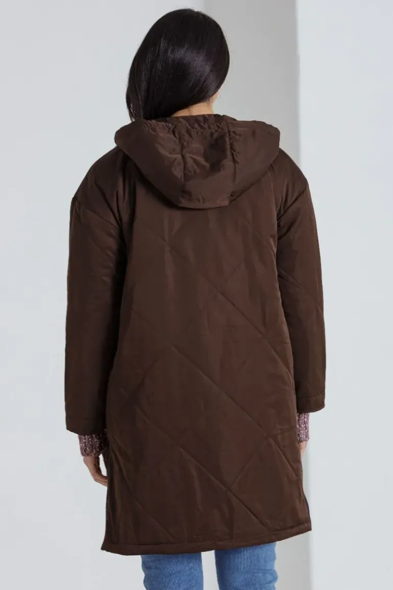 Marco Polo Long Zipper Puffa Coat In Chocolate
