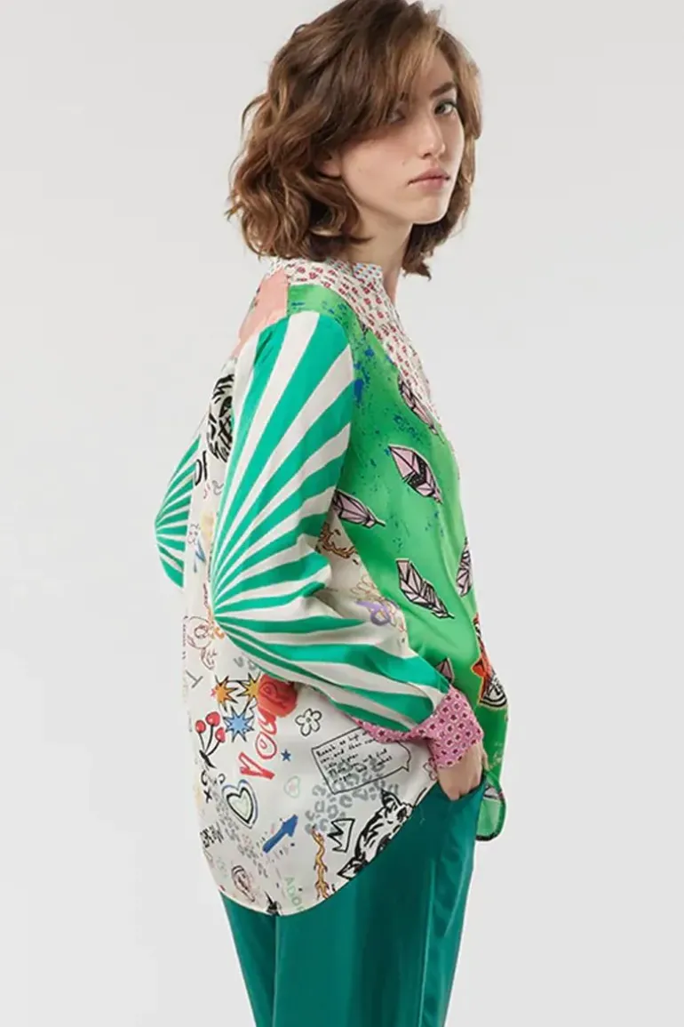Me369 Gabriella Bib Front Shirt In Graffiti Print