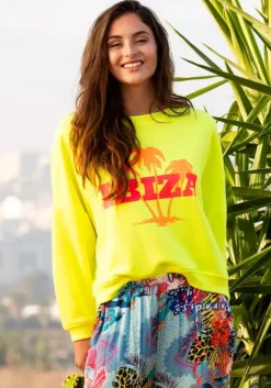 Miss Goodlife Ibiza Palm Sweat Top In Neon Yellow