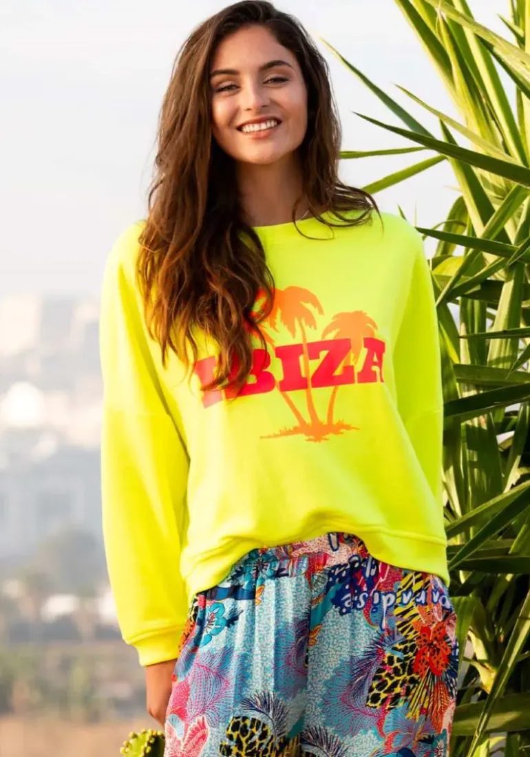 Miss Goodlife Ibiza Palm Sweat Top In Neon Yellow