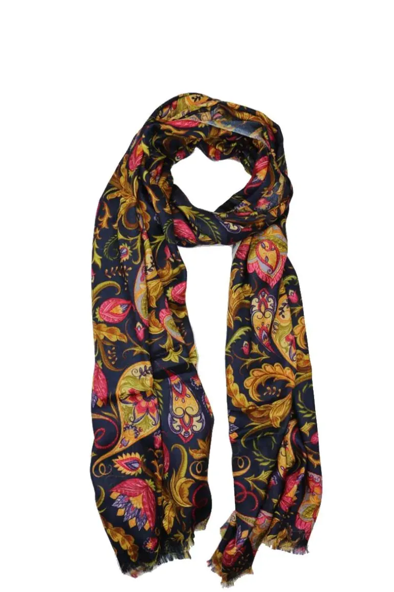Namaskar Floral Cashmere Scarf In Navy Multi
