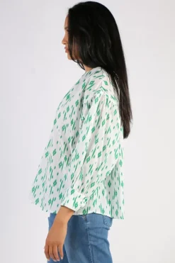 Namastai Crushed Cotton Ikat Print Top In Emerald