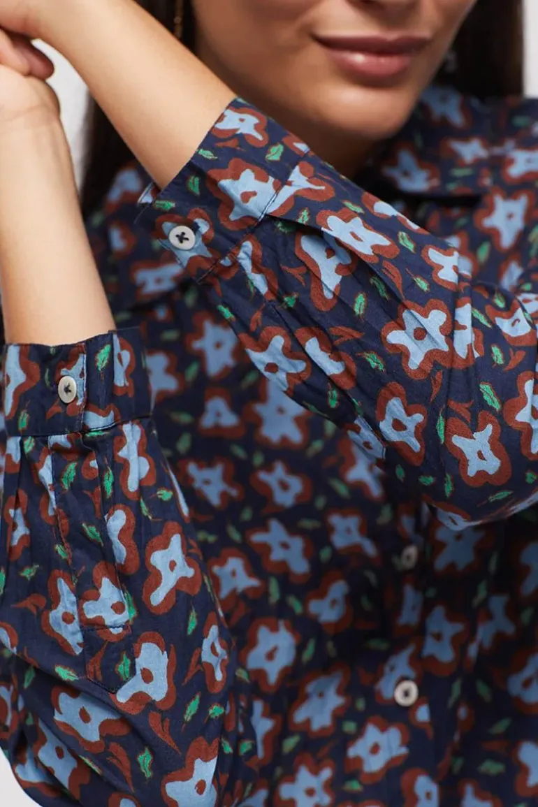 Nice Things Pop Flower Crinkle Shirt In Navy
