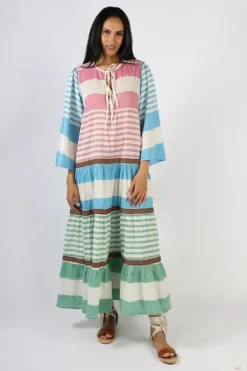 Pearl & Caviar Zakar Tie Neck Midi Dress In Stripe