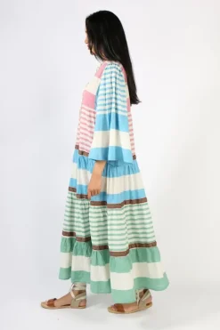 Pearl & Caviar Zakar Tie Neck Midi Dress In Stripe