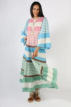 Pearl & Caviar Zakar Tie Neck Midi Dress In Stripe