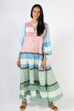 Pearl & Caviar Zakar Tie Neck Midi Dress In Stripe