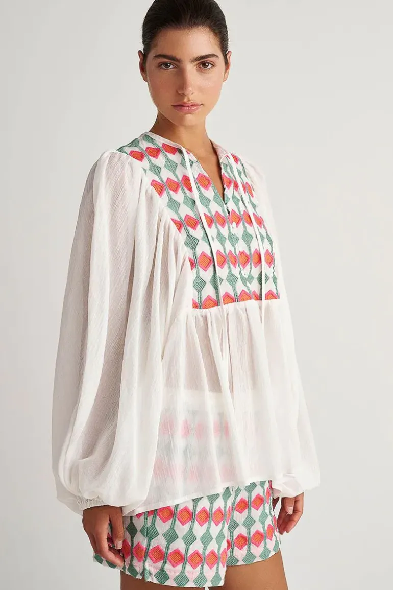 Pearl And Caviar Embroidered Bouganvilla Blouse In Multi