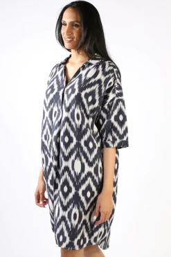 Ping Pong Boxy Ikat Dress In Navy