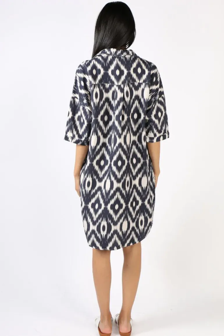 Ping Pong Boxy Ikat Dress In Navy