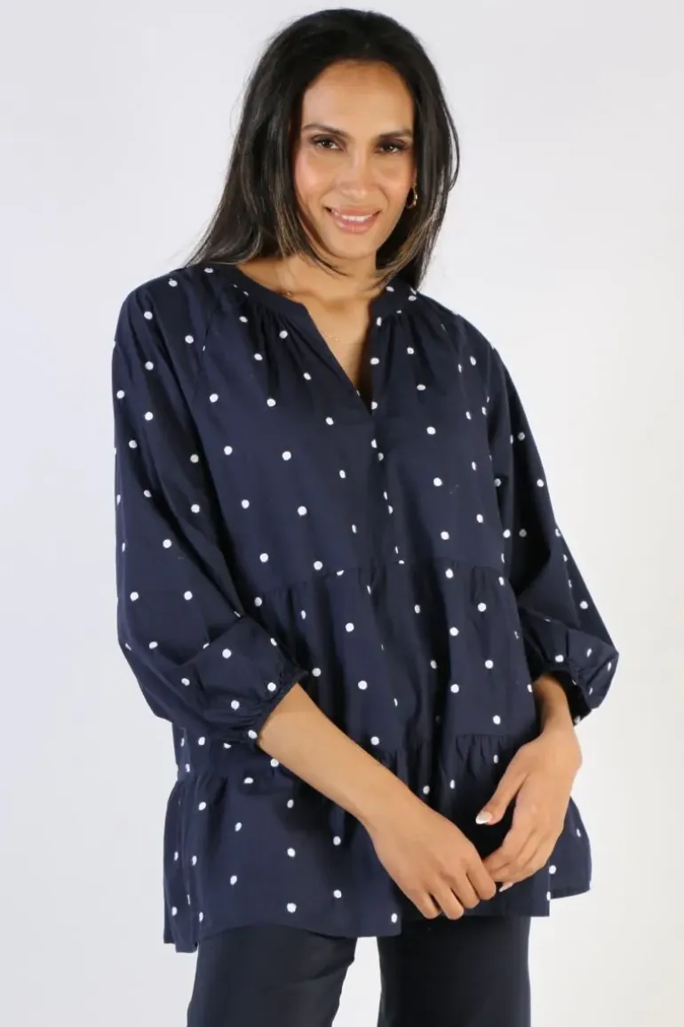 Ping Pong Cotton Tiered Spot Top In Navy