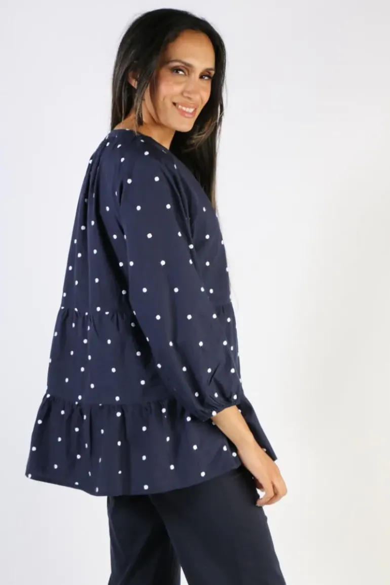Ping Pong Cotton Tiered Spot Top In Navy