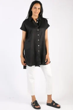Ping Pong Long Line Linen Tunic In Black