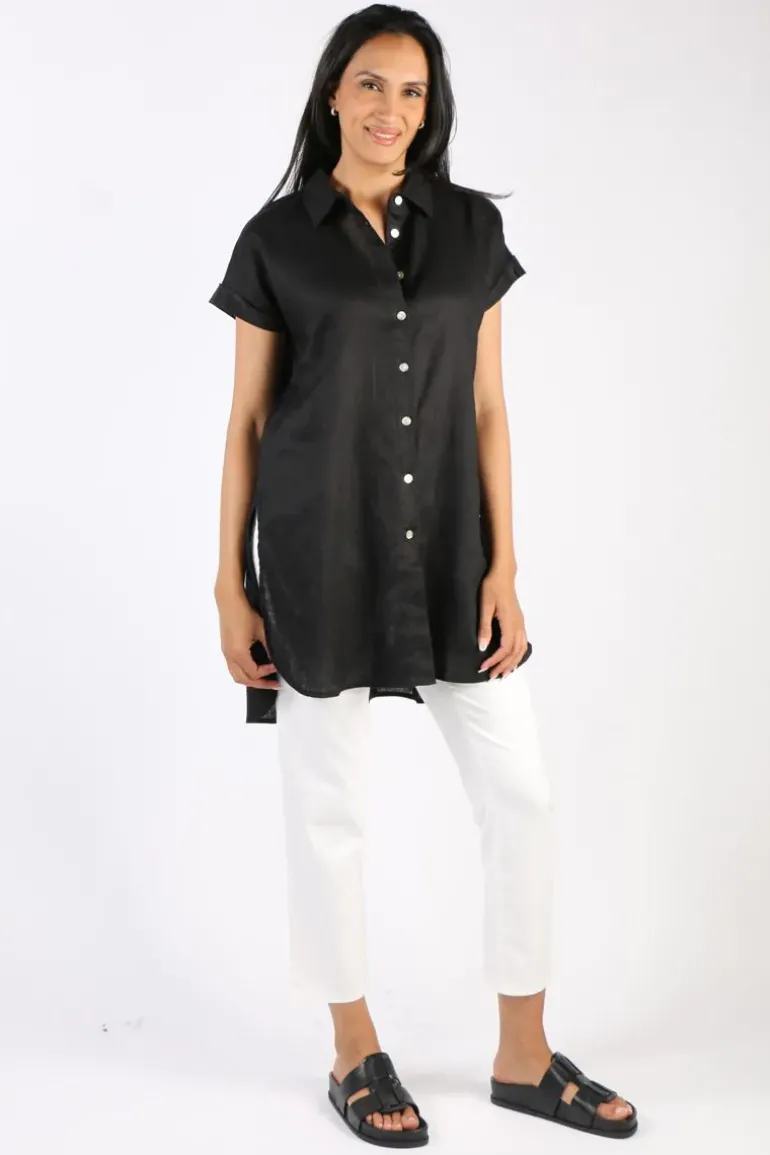 Ping Pong Long Line Linen Tunic In Black
