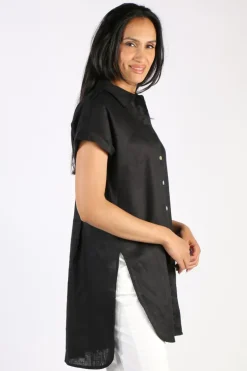 Ping Pong Long Line Linen Tunic In Black