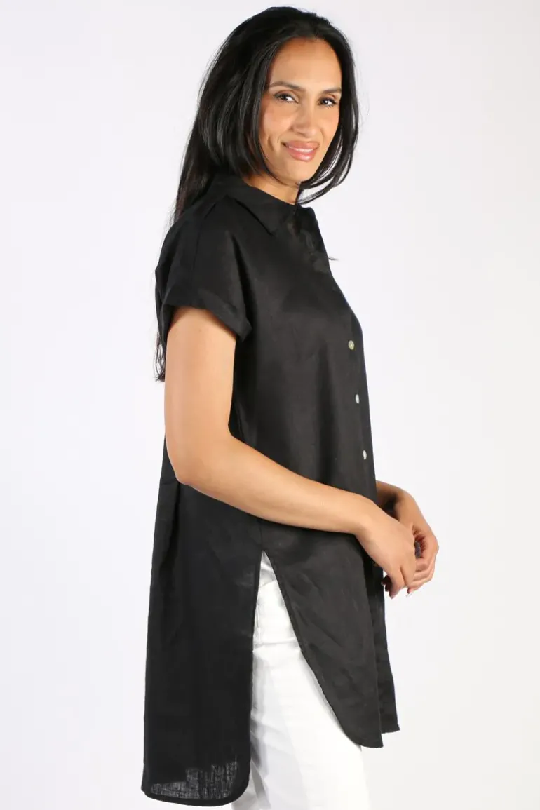 Ping Pong Long Line Linen Tunic In Black