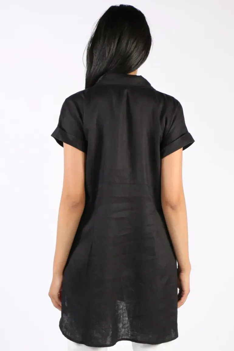 Ping Pong Long Line Linen Tunic In Black