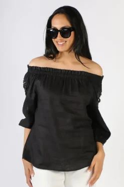 Ping Pong Off Shoulder Lace Trim Top In Black