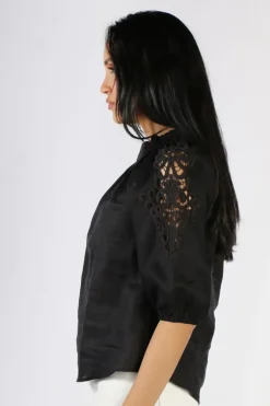 Ping Pong Off Shoulder Lace Trim Top In Black