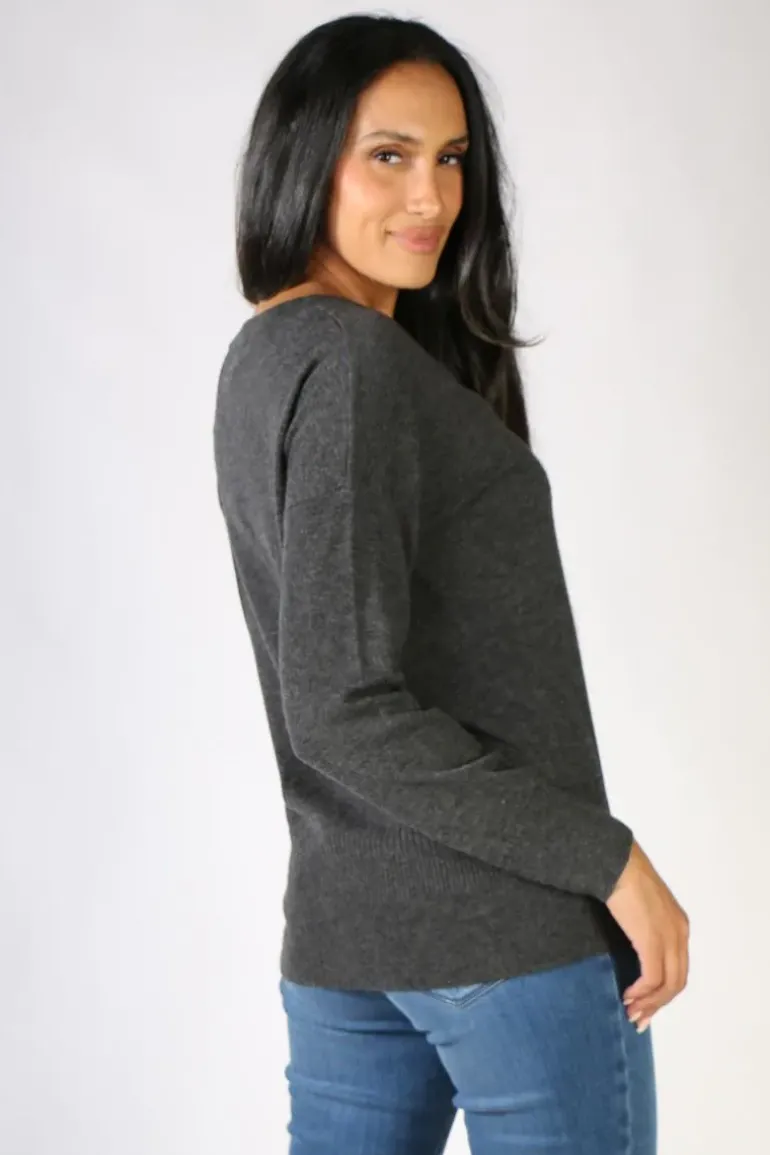V Neck Cardigan In Charcoal By Bridge & Lord