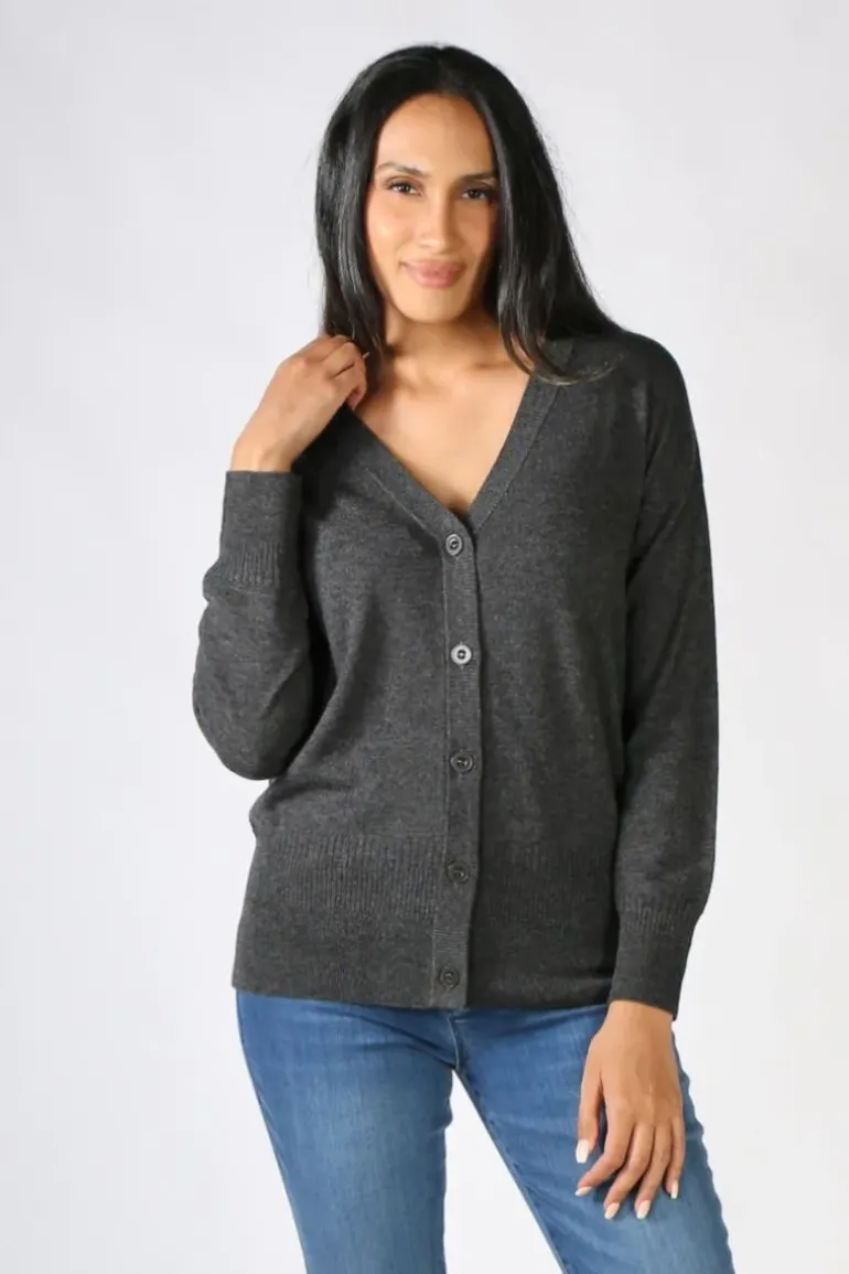 V Neck Cardigan In Charcoal By Bridge & Lord