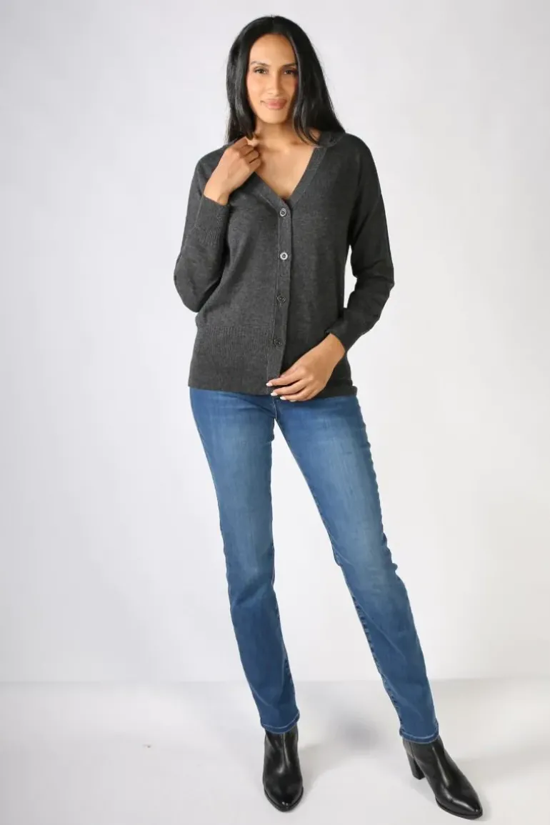 V Neck Cardigan In Charcoal By Bridge & Lord
