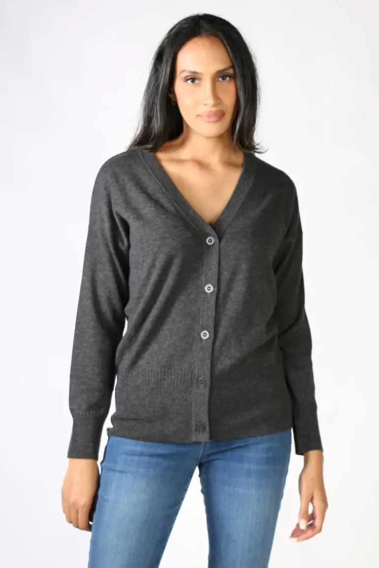 V Neck Cardigan In Charcoal By Bridge & Lord