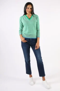 Zaket & Plover Essential Stripe V Jumper In Jade