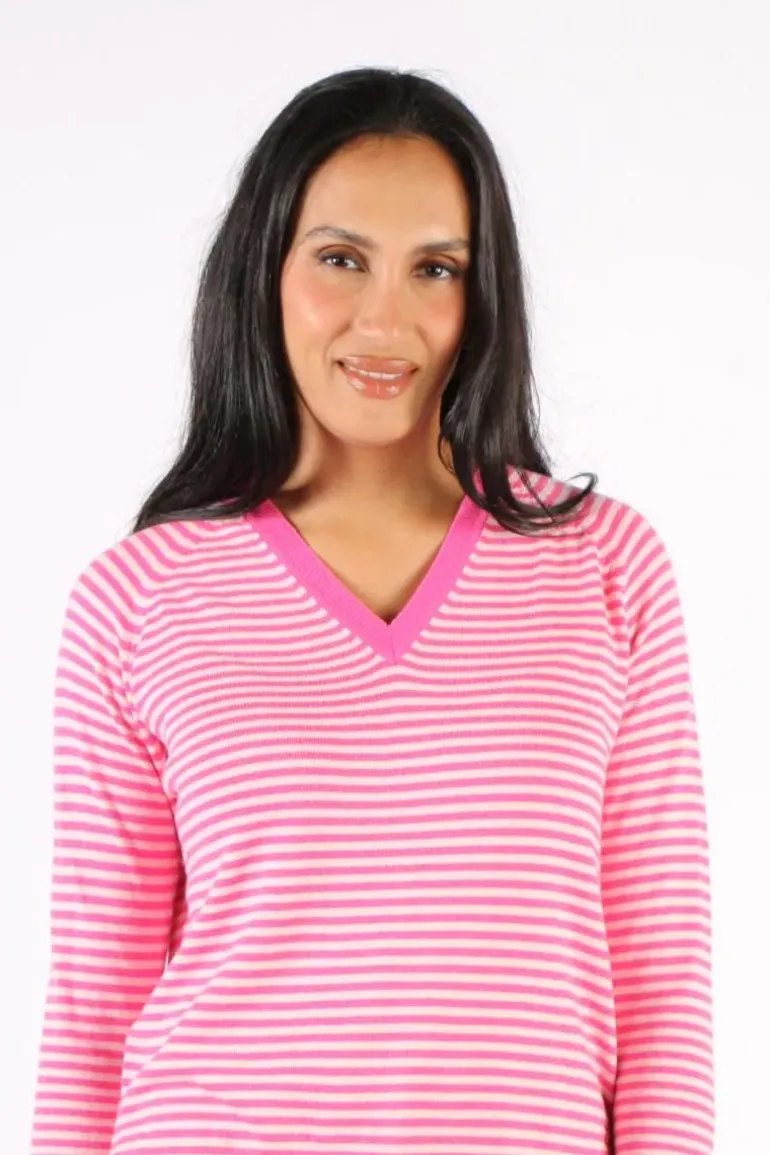 Zaket & Plover Essential Stripe V Jumper In Fuchsia