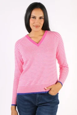 Zaket & Plover Essential Stripe V Jumper In Fuchsia