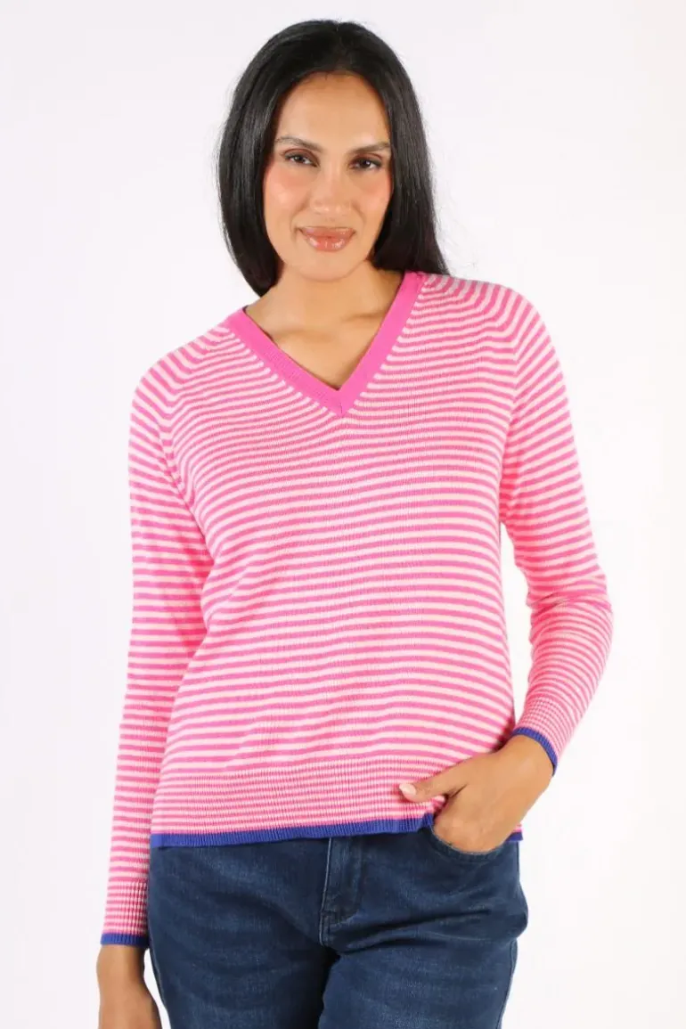 Zaket & Plover Essential Stripe V Jumper In Fuchsia