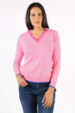 Zaket & Plover Essential Stripe V Jumper In Fuchsia