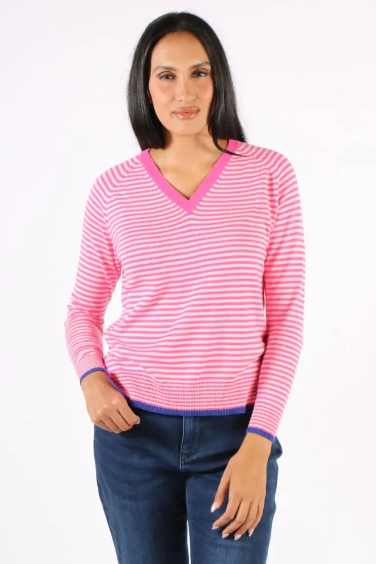 Zaket & Plover Essential Stripe V Jumper In Fuchsia